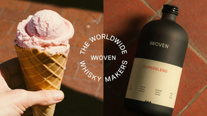 woven whisky Superblend bottle against terracotta tiled floor, alongside a strawberry ice cream against a tiled terracotta floor